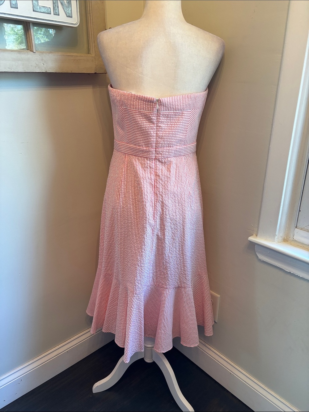 J. Crew Strapless Ruffle Hem Seersucker Midi Dress in Pink White NWT - Picture 8 of 15